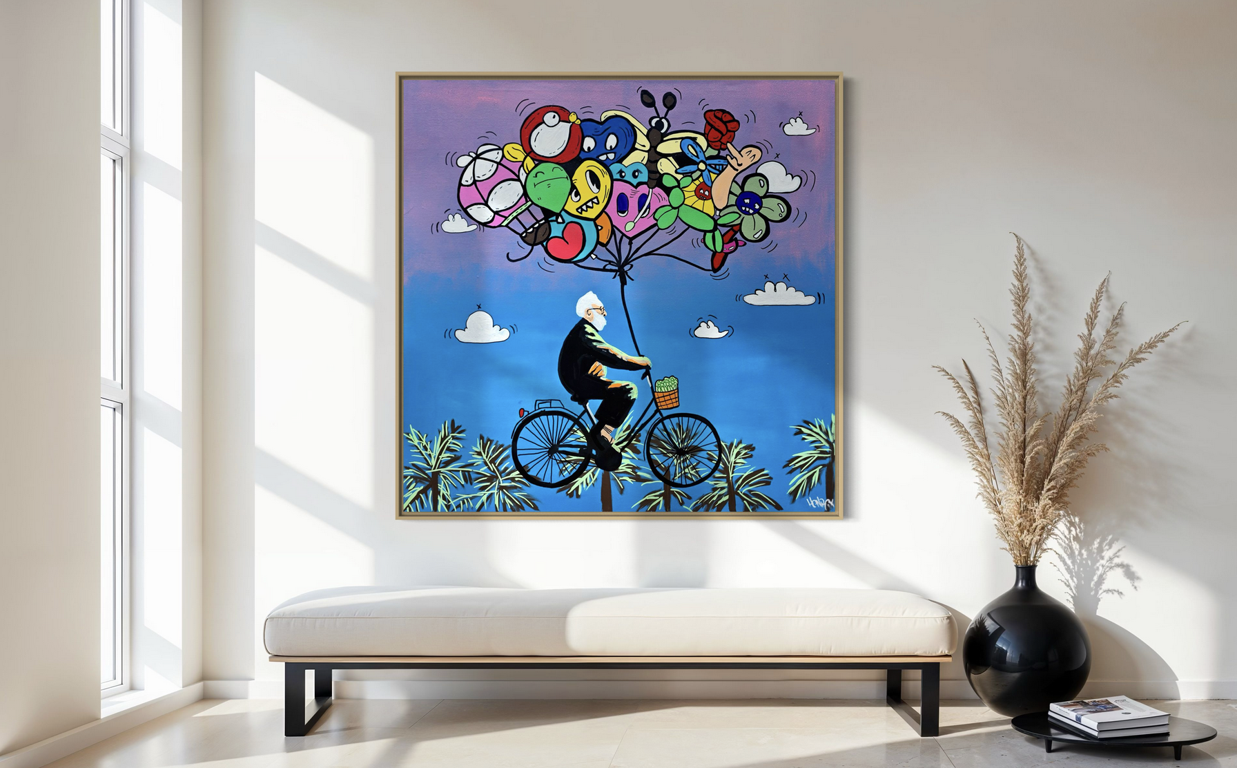 "Pursuit of Happiness" painting on canvas with colorful cartoon balloons and soft sunset tones